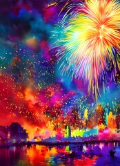 The sky is lit up with vibrant colors as the fireworks explode in synchronization. The crowd is cheering and clapping, filled with anticipation for what's to come.
