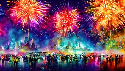 The sky is lit up with vibrant colors as the fireworks explode in a grand finale. The crowd cheers and claps in excitement, eager to see what the new year will bring.