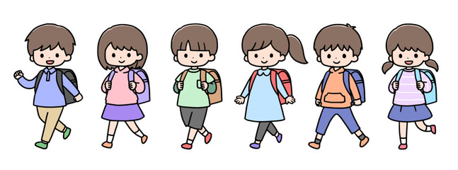 カラフルなランドセルを背負って歩く小学生6人