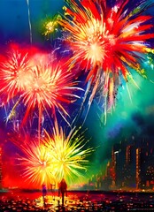 It's new years eve and the sky is lit up with colorful fireworks. They explode in the air, creating a beautiful scene.