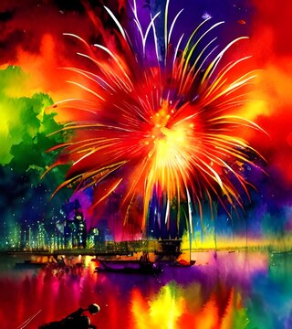 Thousands of people are gathered around the water to watch the New Year's Eve fireworks. The sky is lit up with vibrant colors, and the air is filled with the sound of celebration.