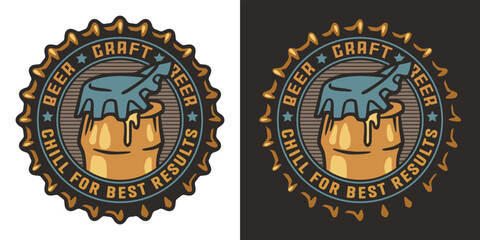 Beer cap with bottle and crumpled metal cork for label or print. Brew emblem or craft beer logo for bar, pub or brewery shop