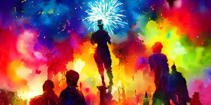 In the sky above me, colorful explosions light up the darkness. Confetti rains down on me and my friends as we cheer and dance in celebration. We're all wearing silly hats and noisemakers, and everyon