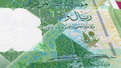 Qatar Qatari Riyal 1 Banknotes, One Qatari Riyal, Close-up and macro view of the Qatari Riyal, Tracking and Dolly Shots 1 Qatari Riyal banknote Observe and Reserve Side, Qatari Riyal Money Currency - Powered by Adobe