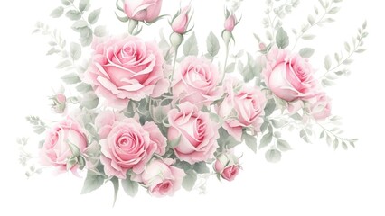 Fototapeta na wymiar Floral illustration in Pastel colors, Bouquet of flowers red rose, Leaf and buds, leaves on white background.