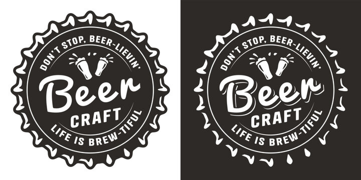 Beer cap for brew monochrome emblem or craft beer logo. Label or print with metal cork for bar, pub or brewery shop