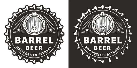 Beer cap with barrel for brew monochrome emblem or craft beer logo. Label or print for bar, pub or brewery shop