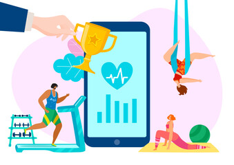 Smartphone online fitness application, technology digital device workout mobile phone app flat vector illustration, isolated on white.