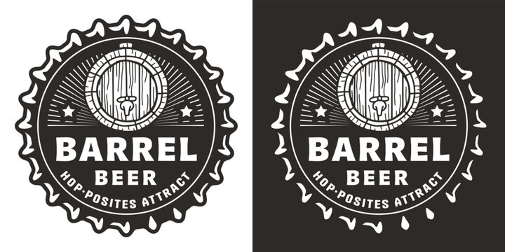 Beer cap with barrel for brew monochrome emblem or craft beer logo. Label or print for bar, pub or brewery shop