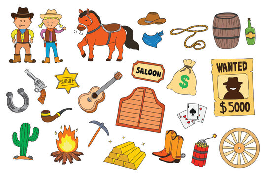 Vector illustration set of wild west elements including horse and wanted poster with a cowboy