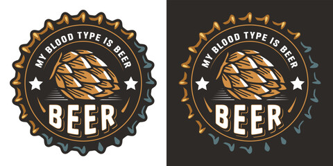 Retro hop beer logo or brew emblem with hops and metal cap for bar or pub. Craft print or label with cork and plant for brewery shop