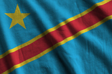 Democratic Republic of the Congo flag with big folds waving close up under the studio light...