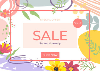 Limited time only summer sale floral geometric banner, greeting postcard fashion flower design flat vector illustration, isolated on white.