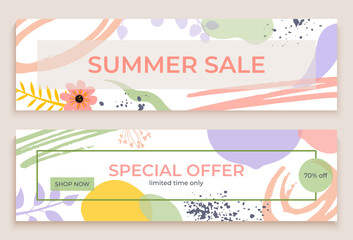 Summer sale special offer floral geometric banner, greeting postcard fashion flower design flat vector illustration, limited time only.