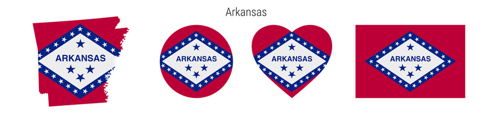Arkansas flag in different shapes icon set. Flat vector illustration