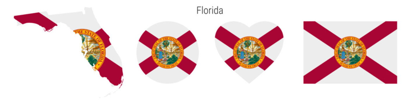 Florida flag in different shapes icon set. Flat vector illustration