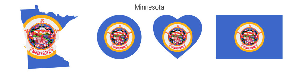 Minnesota flag in different shapes icon set. Flat vector illustration
