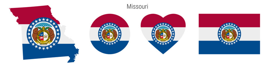 Missouri flag in different shapes icon set. Flat vector illustration