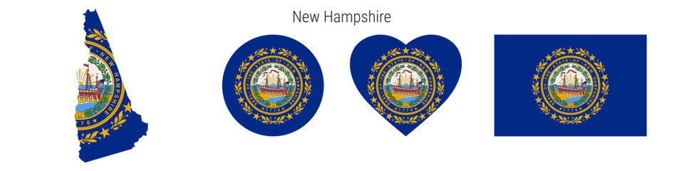 Naklejka premium New Hampshire flag in different shapes icon set. Flat vector illustration