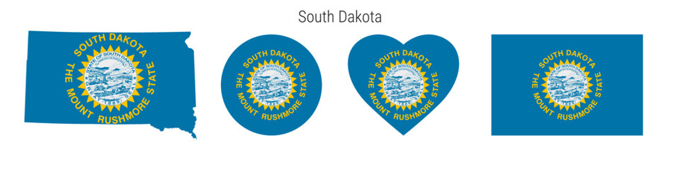 South Dakota flag in different shapes icon set. Flat vector illustration