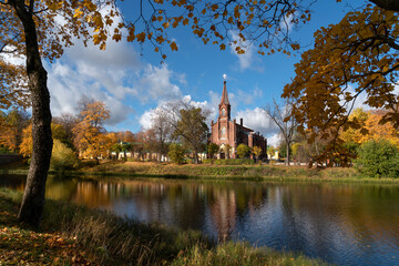 View of the Lutheran Church of the Resurrection of Christ in Tsarskoye Selo on the bank of the 4th...