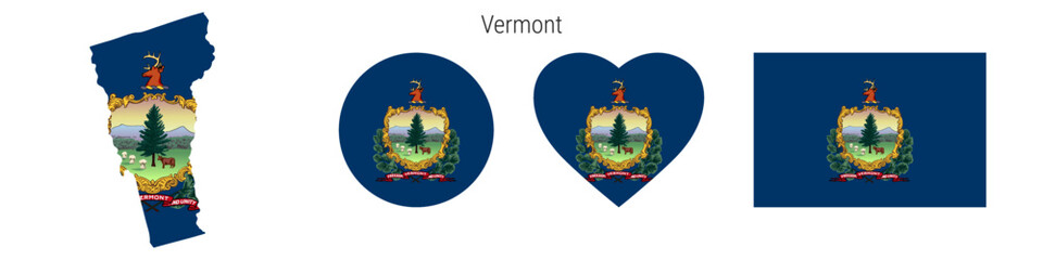Vermont flag in different shapes icon set. Flat vector illustration