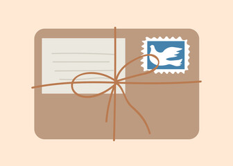 Cute envelope concept. Letter tied with rope with dove stamp, metaphor for postal transportation and mail. International communication and interaction, correspondence. Cartoon flat vector illustration