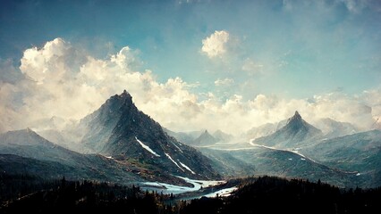 mountain landscape cloudy sky himalayan hill valley background screensaver HD render - obrazy, fototapety, plakaty