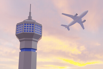 3D Illustration Airplane flying near airport control tower during sunset - obrazy, fototapety, plakaty