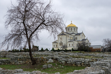Chersonesus Cathedral (Saint Vladimir Cathedral). View of a large stone Orthodox church on the territory of the ancient city of Chersonesus. Landmark of the Crimean peninsula. Sevastopol, Crimea.