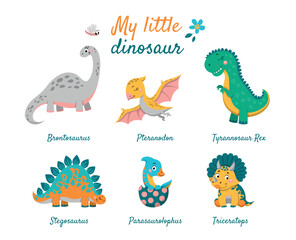 Set of dinosaurs. Collection of stickers for social networks and messengers. Animals before our era, nature and wild life concept. Cartoon flat vector illustrations isolated on white background