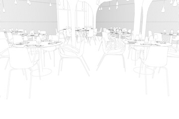 Outline of the restaurant room with tables and chairs from black lines isolated on a white background. Perspective view. 3D. Vector illustration.