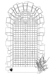 Outline of a vintage temple window from black lines isolated on a white background. Front view. 3D. Vector illustration.
