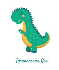 Cute tyrannosaurus rex icon. Sticker for social networks and messengers. Toy or mascot for kids. Nature and wildlife. Dangerous and scary predator, reptile and lizard. Cartoon flat vector illustration
