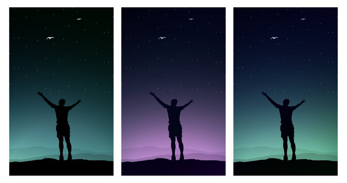 stars in the night. freedom man walpaper for phone. night sky with stars. freedom. silhouette of a person in the night.