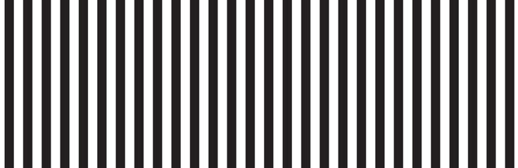 Black vertical stripes on white background. Straight lines pattern for backdrop and wallpaper template. Realistic lines with repeat stripes texture. Simple geometric background, vector illustration - obrazy, fototapety, plakaty