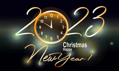 Naklejka na ściany i meble Happy 2023 New Year! Elegant Christmas congratulation with 3D realistic gold metal text. lights and bokeh effect. background for invitation card,Merry Christmas, Happy new Year, greeting cards, poster