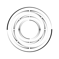 Black dots and lines in circle form. Vector illustration. Trendy design element for border frame, round logo, tattoo, sign, symbol, web pages, prints, template, pattern, abstract background