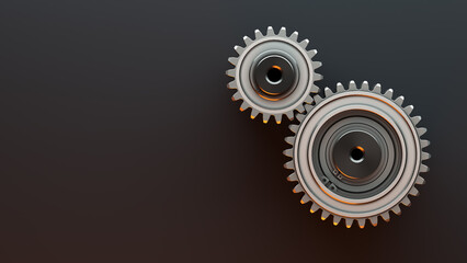 Two interlocking metal gears on a dark background with copy space. 3d render