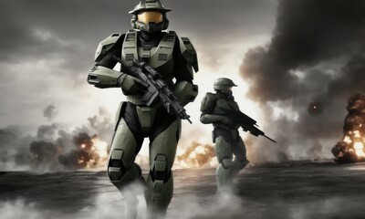 Naklejka premium halo soldier with rifle in war zone 