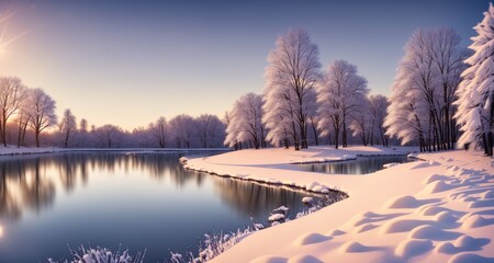beautiful lake landscape in winter with snow, romantic ambiente, reed on riverbank