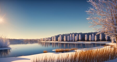 Obraz premium beautiful lake landscape in winter with snow, romantic ambiente, reed on riverbank