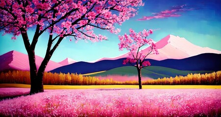 pink landscape with mountains 