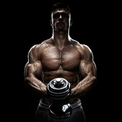 Silhouette of a bodybuilder pumping up muscles with dumbbell - obrazy, fototapety, plakaty