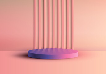3D realistic modern minimal blue and pink gradient color cylinder podium with wall panels backdrop on beige color background