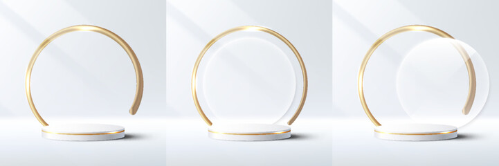 Set of 3D realistic elegant white and gold cylinder podium