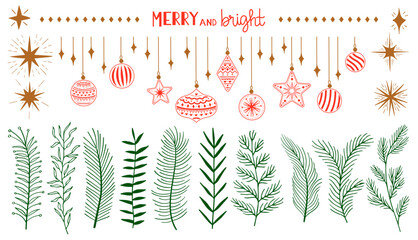 Set Christmas leaves plants hand draw vector. Drawing beautiful creeper leaf, decorative set with leaves and lettering. Vector illustration. Hand draw elements set collection stars and sun vector