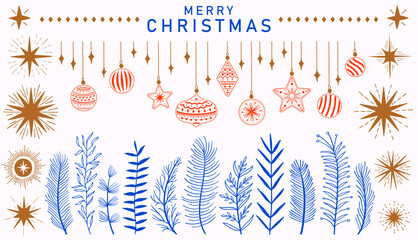Obraz premium Set Christmas leaves plants hand drawn vector. Drawing beautiful creeper leaf, decorative set with leaves and lettering. Vector illustration. Hand draw elements set collection stars and sun vector