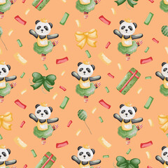 cute panda circus seamless pattern background. wrapping paper template. Christmas background..