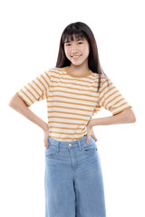 Portrait Happy Young Asian student girl standing isolated on transparent background, PNG file format.